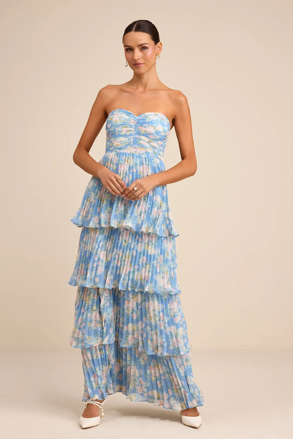 Lulus - Seriously Sensational Blue Floral Strapless Tiered Maxi Dress - Small
