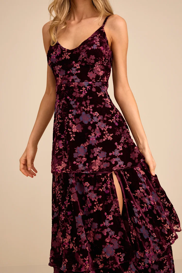 I Love You Amore Plum Purple Floral Velvet Tiered Maxi Dress - Small
