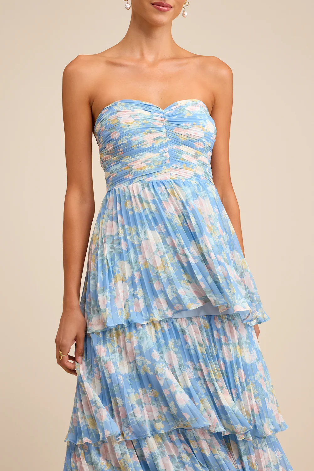 Lulus - Seriously Sensational Blue Floral Strapless Tiered Maxi Dress - Small