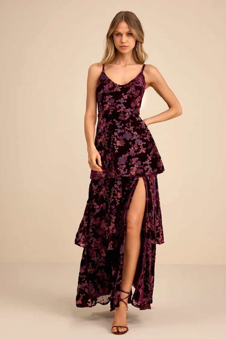 I Love You Amore Plum Purple Floral Velvet Tiered Maxi Dress - Small