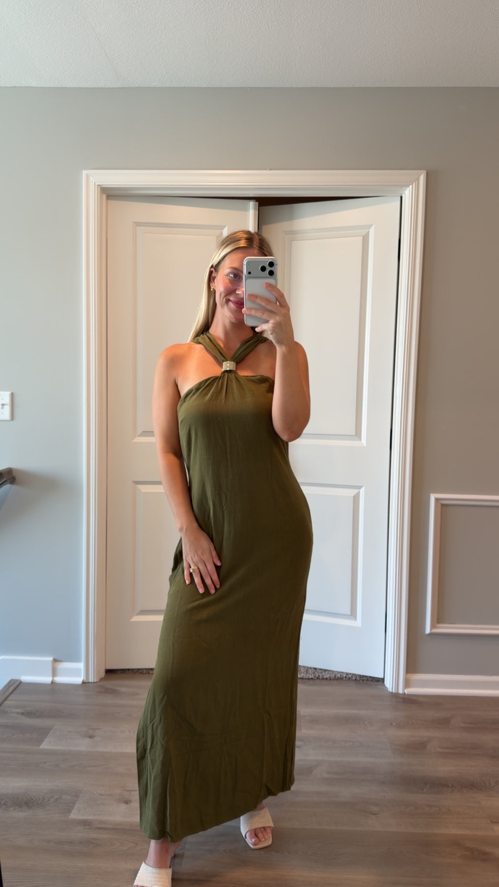 Lulus - Calessia Olive Green Linen Halter Neck Midi Dress - Large