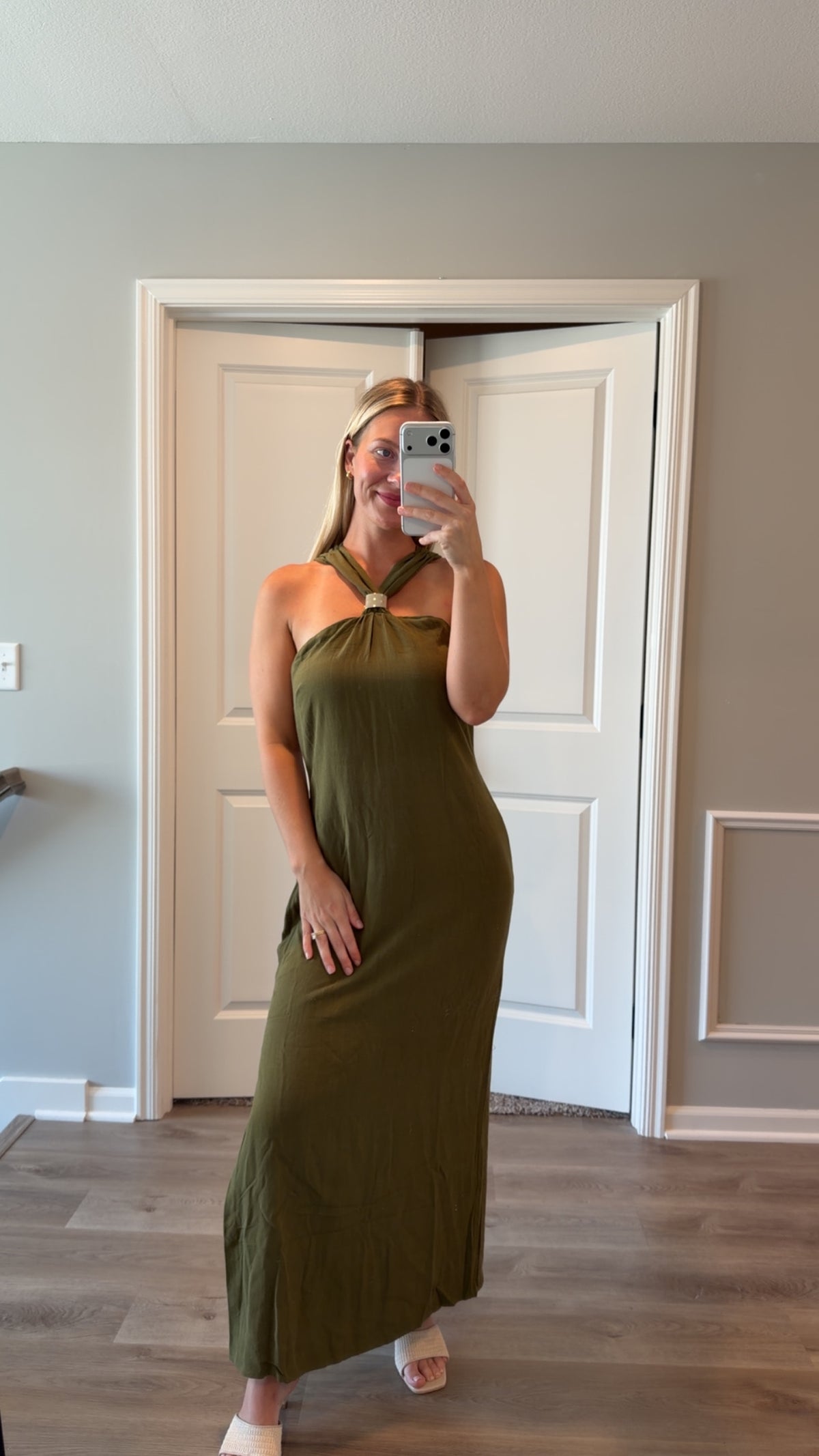 Lulus - Calessia Olive Green Linen Halter Neck Midi Dress - Large