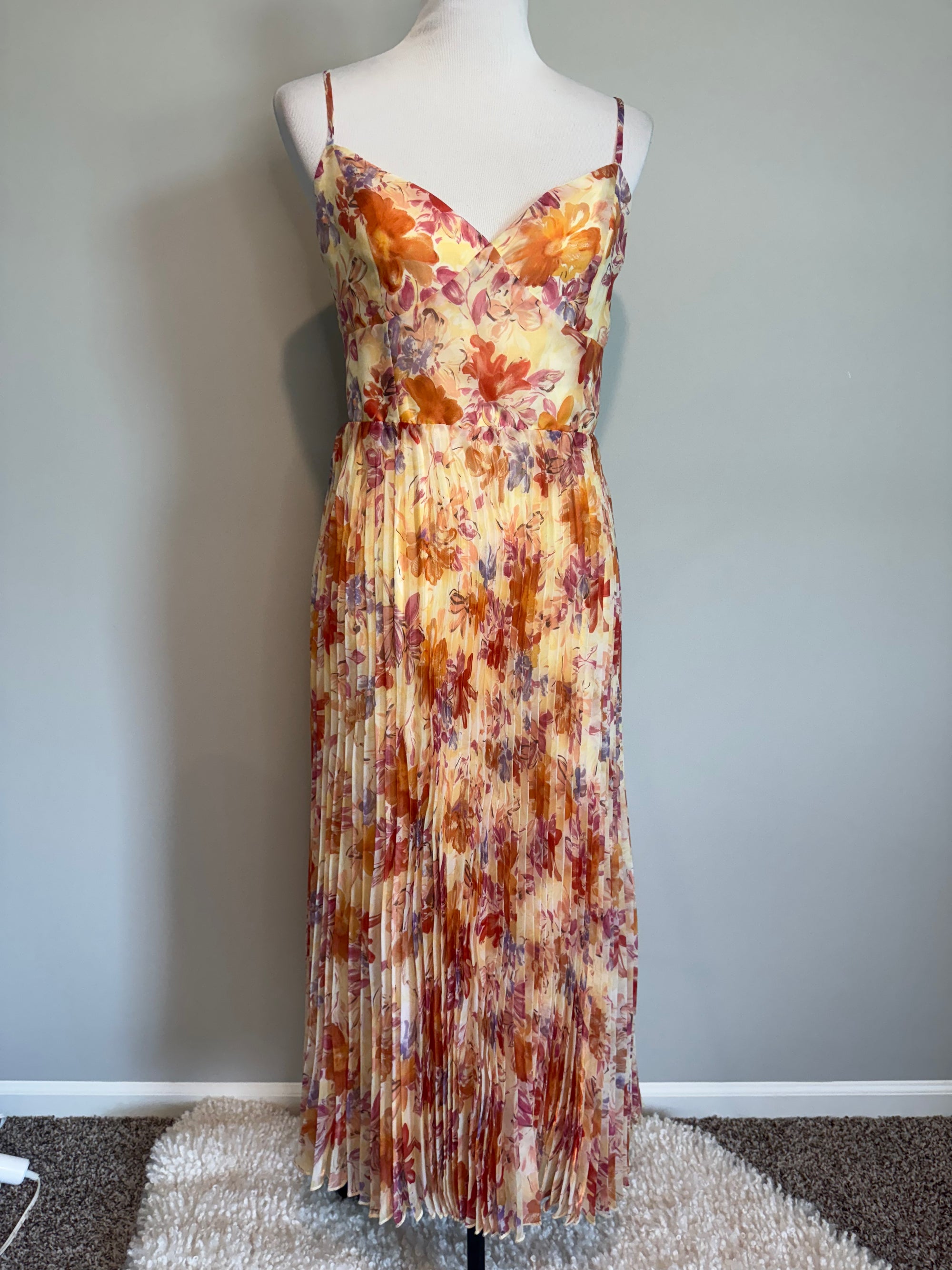 Lulus - Alondra Light Yellow Multi Floral Pleated Midi Dress - Large