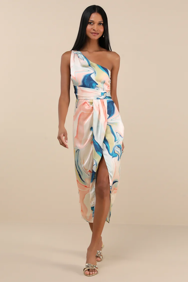 Lulus - Rhema White Multi Abstract Print Satin Midi Dress - Large