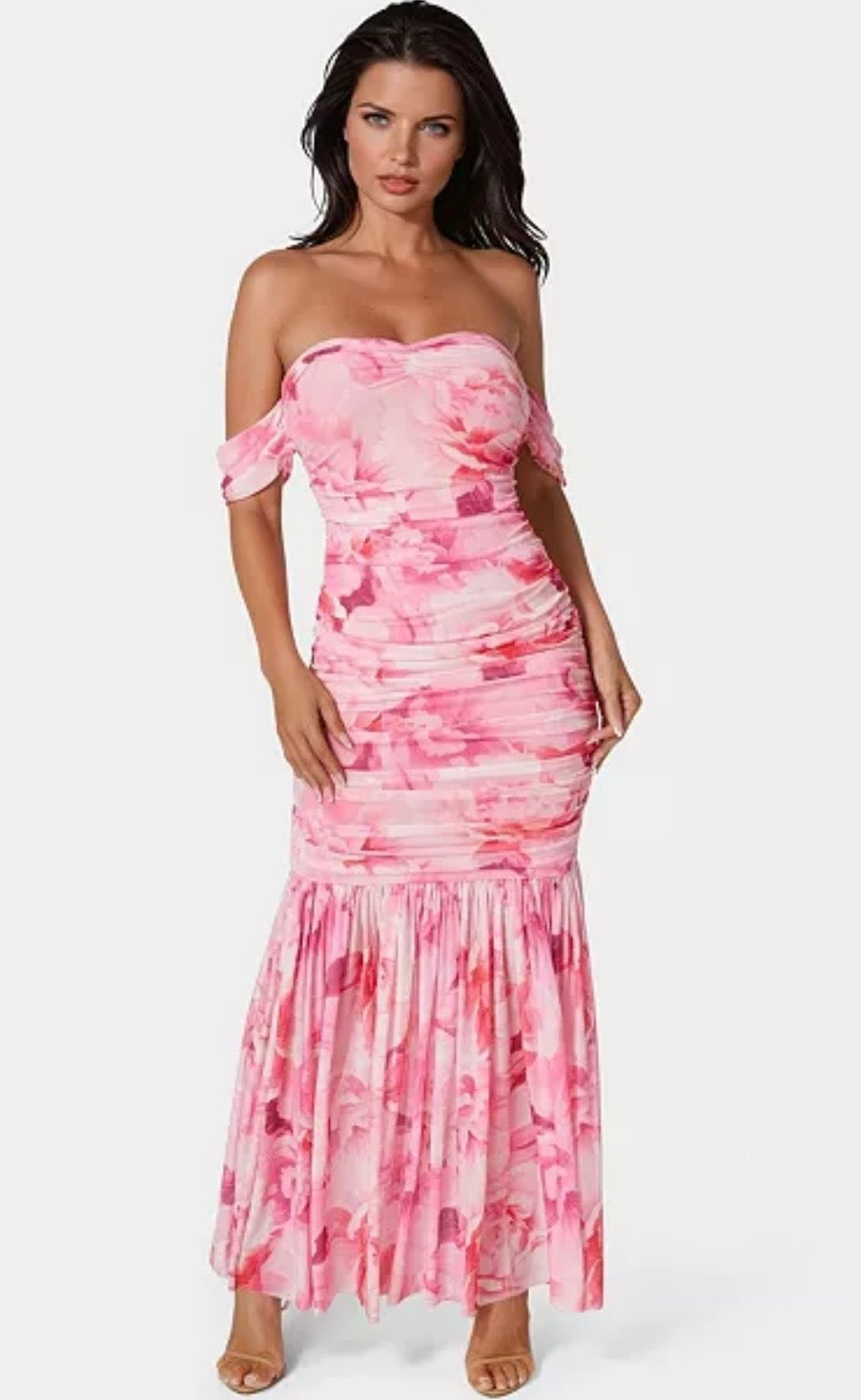 Bebe - Women's Off Shoulder Ruched Mesh Gown - XS