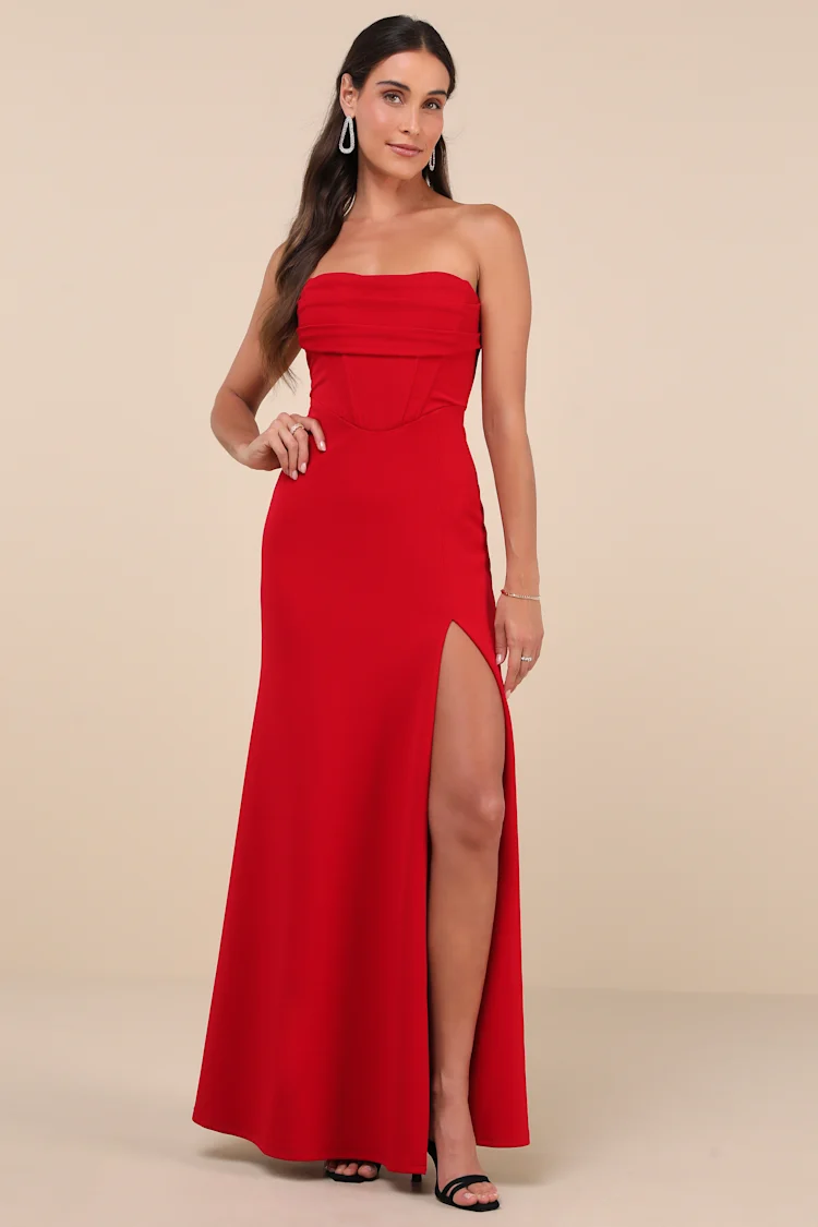 Lulus - Spellbinding Allure Red Bustier Strapless Mermaid Maxi Dress - Medium