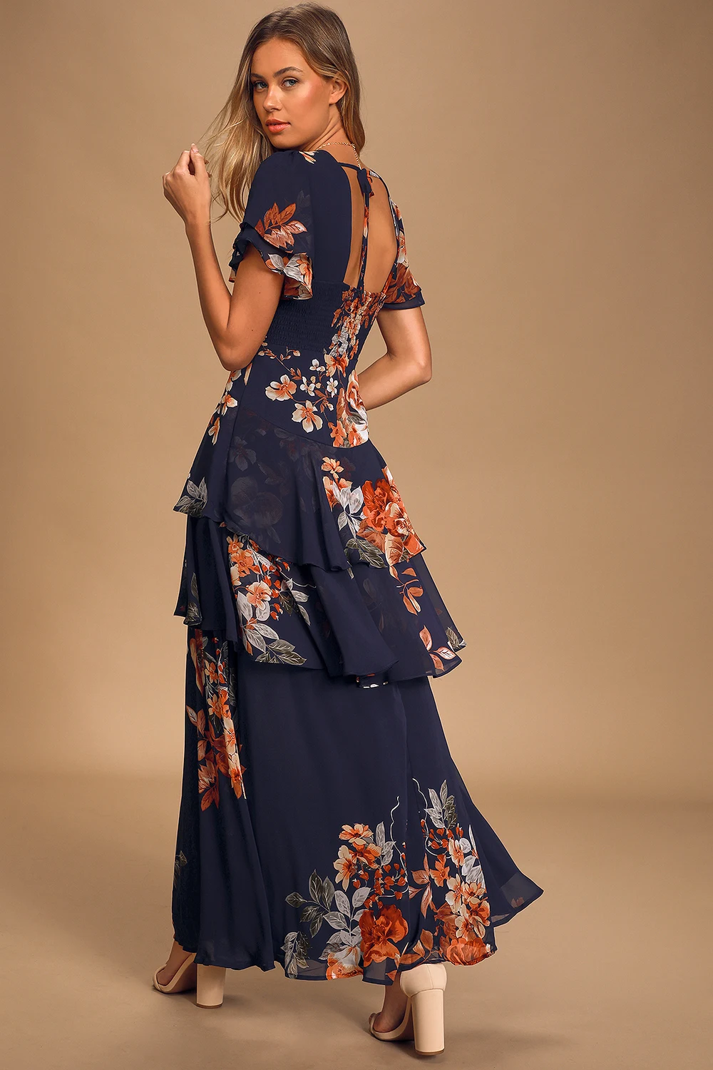 Lulus - Midnight Mood Navy Blue Floral Print Tiered Maxi Dress - Medium