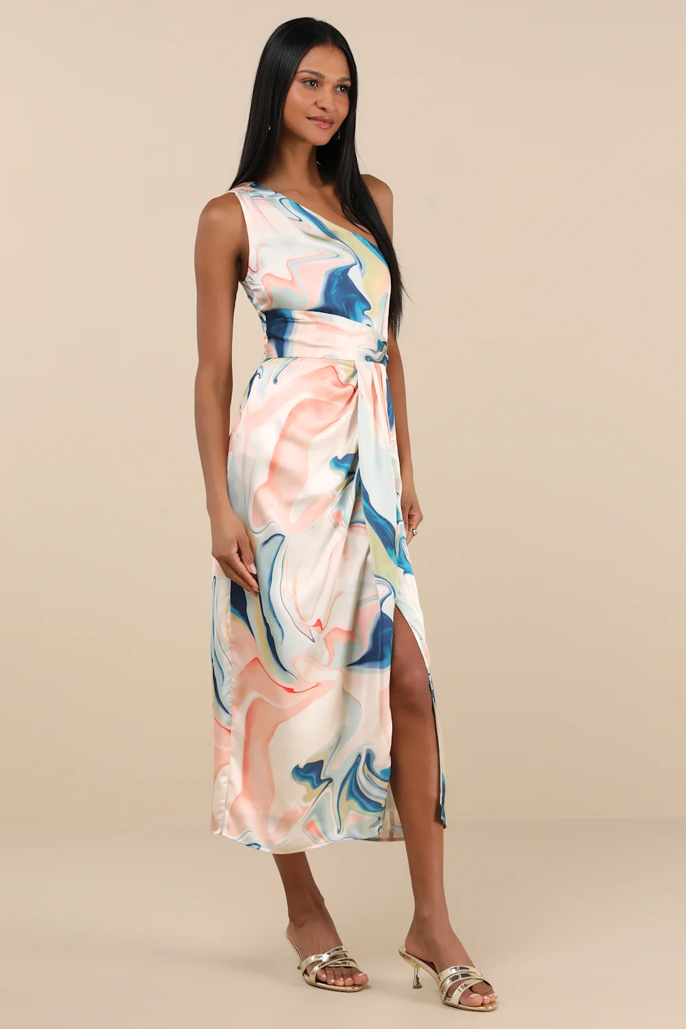Lulus - Rhema White Multi Abstract Print Satin Midi Dress - Large