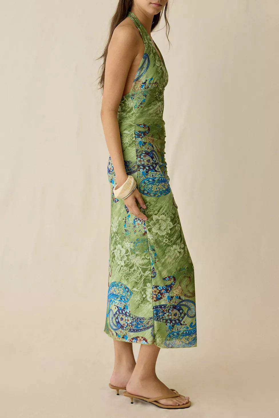 Urban Outfitters - Deep Plunge Halter Ruched Mesh Midi - Medium