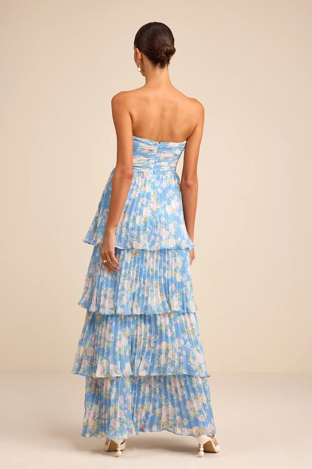 Lulus - Seriously Sensational Blue Floral Strapless Tiered Maxi Dress - Small