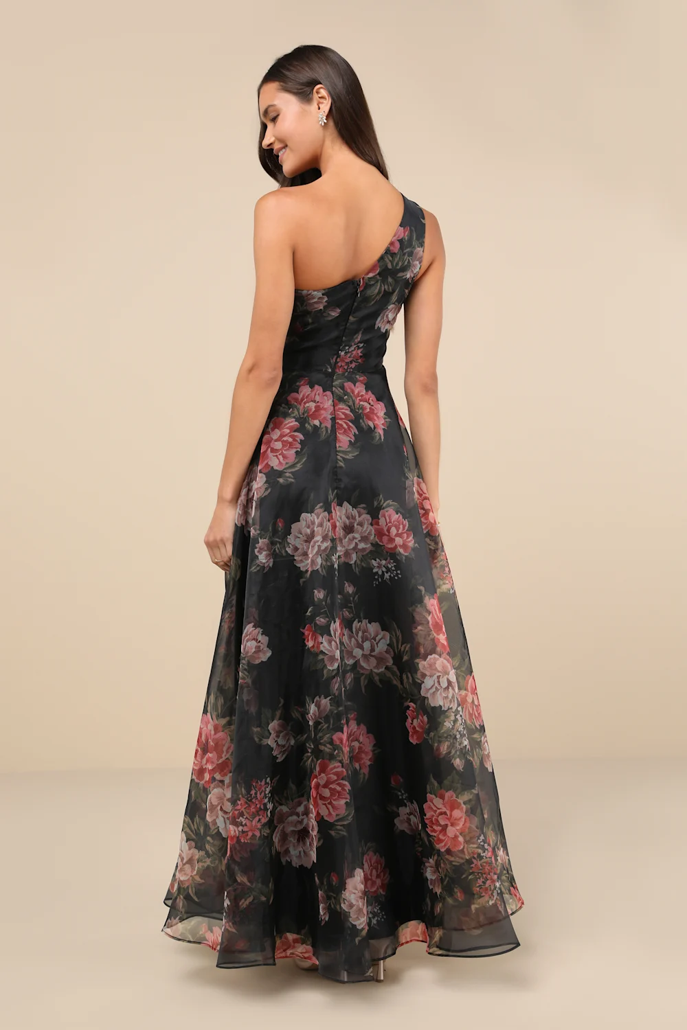 Lulus - Truly Extraordinary Black Floral Organza One-Shoulder
Maxi Dress - Small