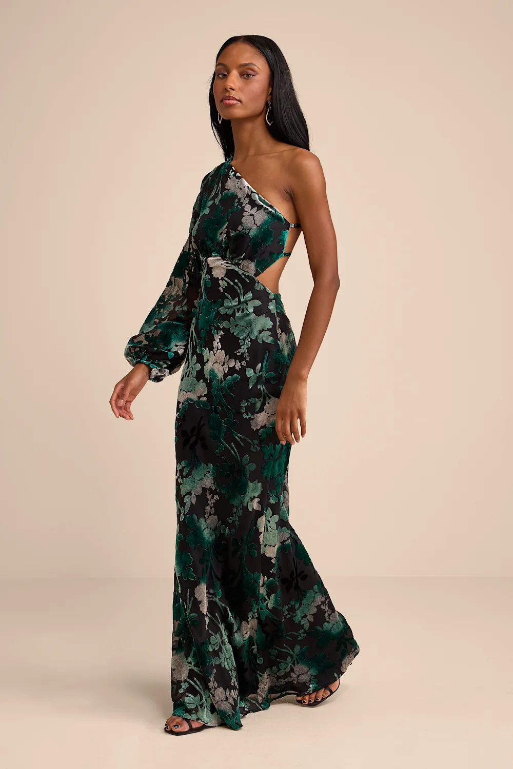 Lulus - Kendrick Black Multi Floral Burnout One-Shoulder Maxi - Small