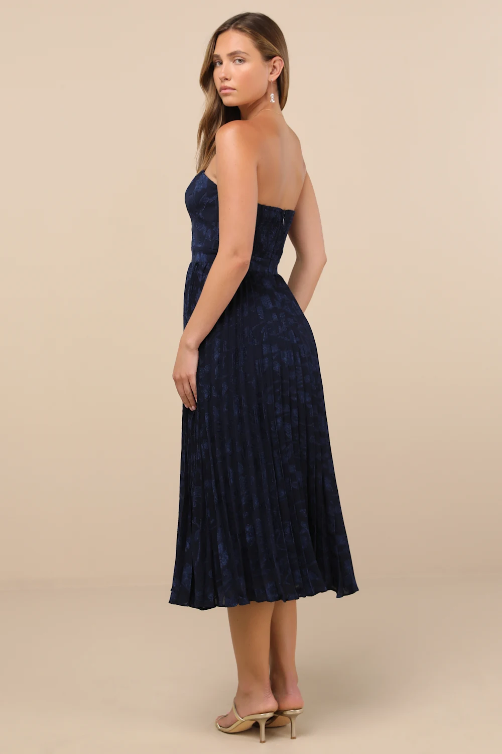 Lulus - Perfectly Stunning Navy Jacquard Strapless Midi Dress - Large