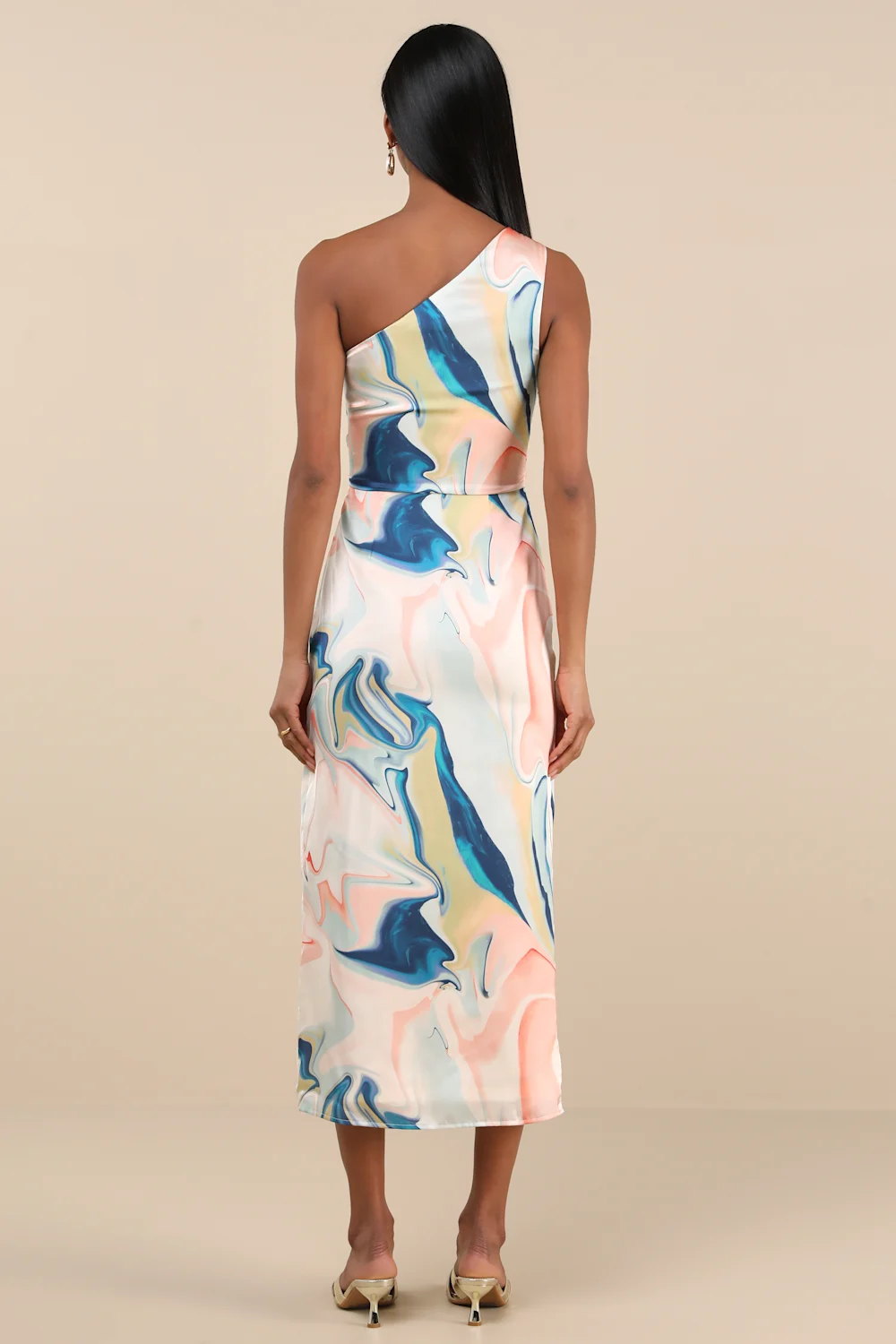 Lulus - Rhema White Multi Abstract Print Satin Midi Dress - Large