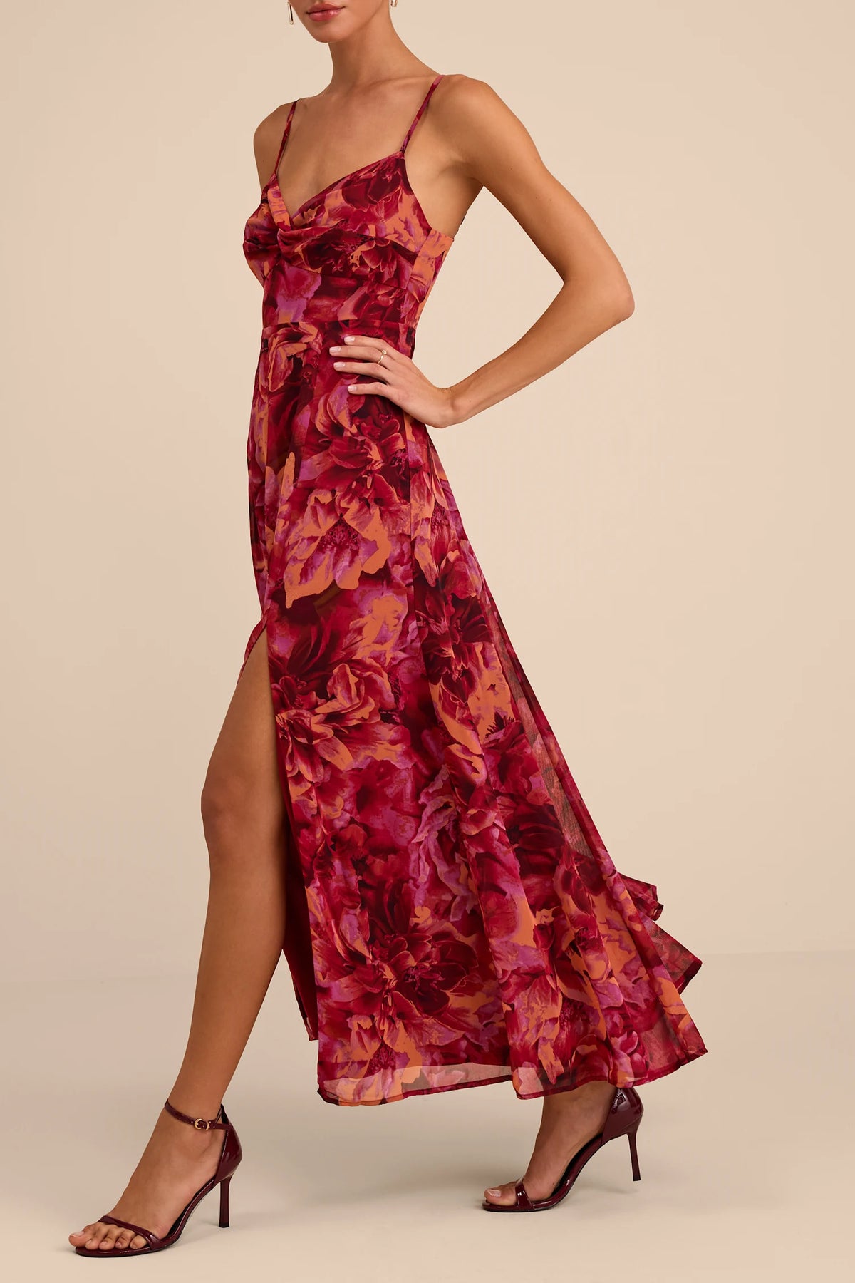 Lulus - Beautiful Soul Burgundy Floral Print Twist-Front Maxi Dress - Large