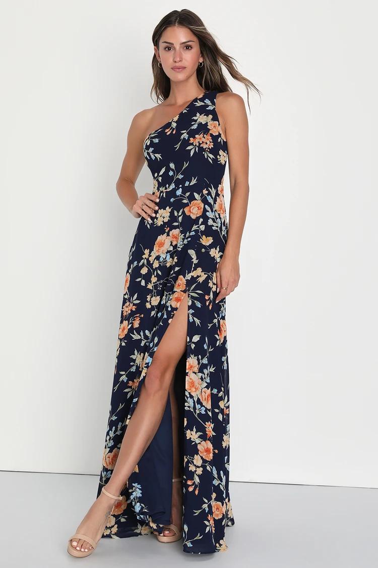 Lulus - Elegant Admiration Navy Blue Floral One-Shoulder Maxi Dress - XS