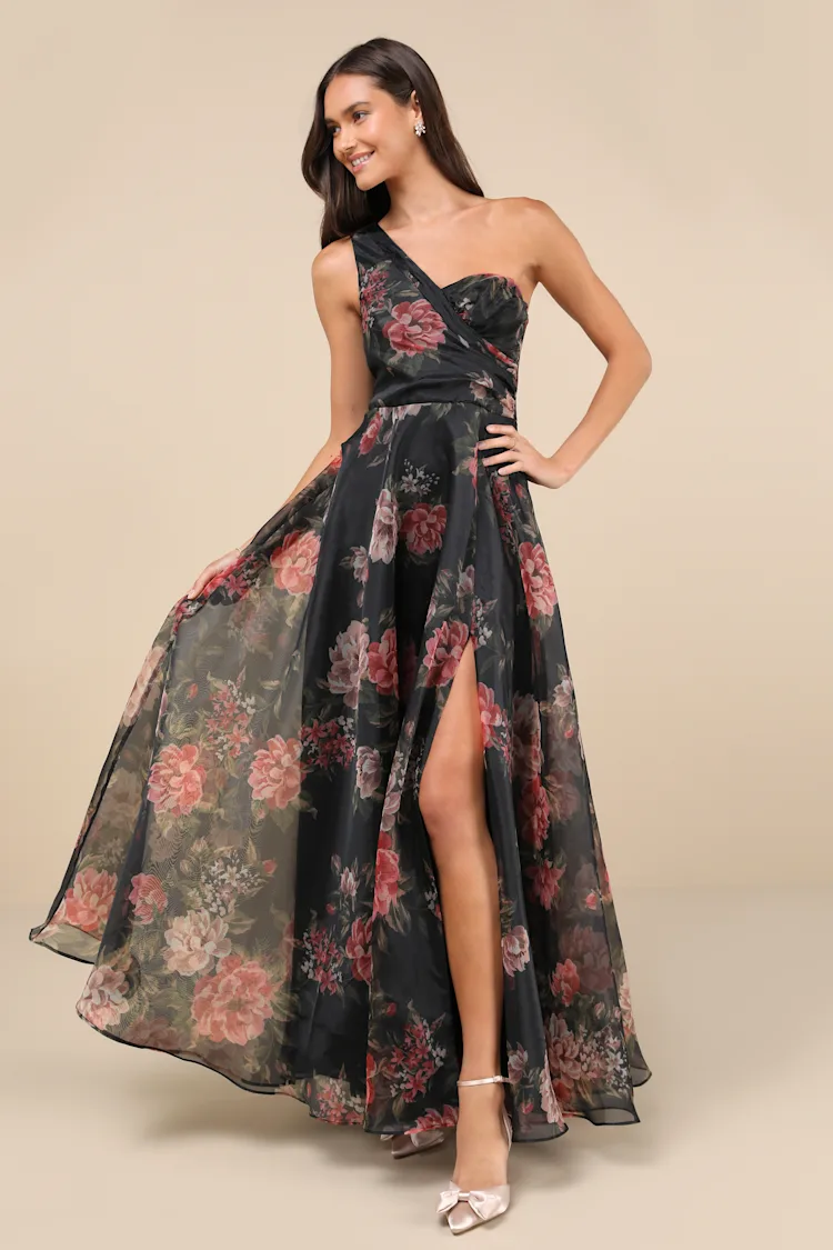 Lulus - Truly Extraordinary Black Floral Organza One-Shoulder
Maxi Dress - Small