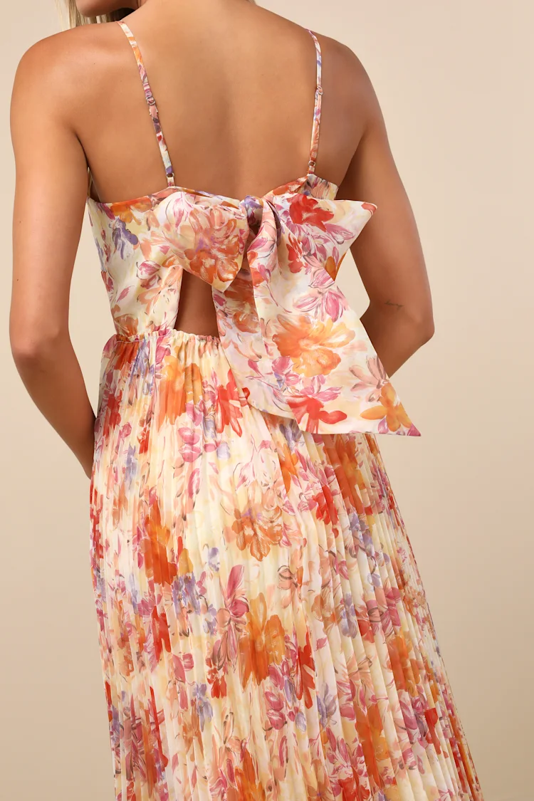 Lulus - Alondra Light Yellow Multi Floral Pleated Midi Dress - Large