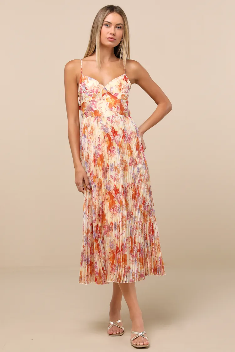 Lulus - Alondra Light Yellow Multi Floral Pleated Midi Dress - Large