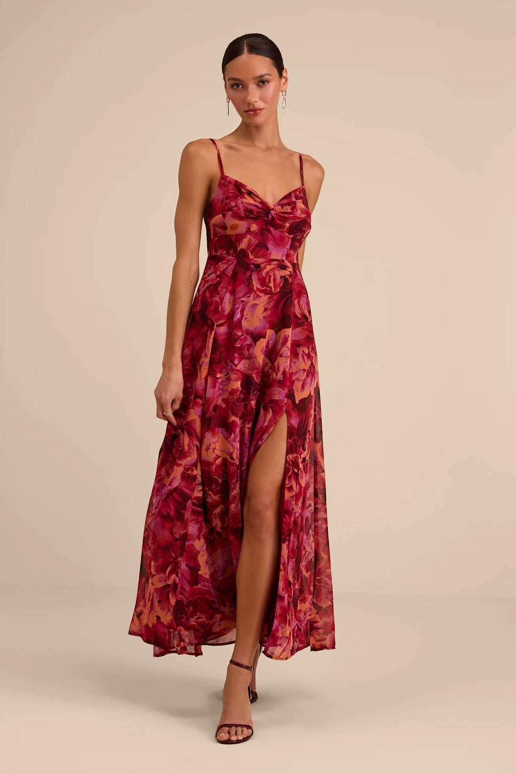 Lulus - Beautiful Soul Burgundy Floral Print Twist-Front Maxi Dress - Large