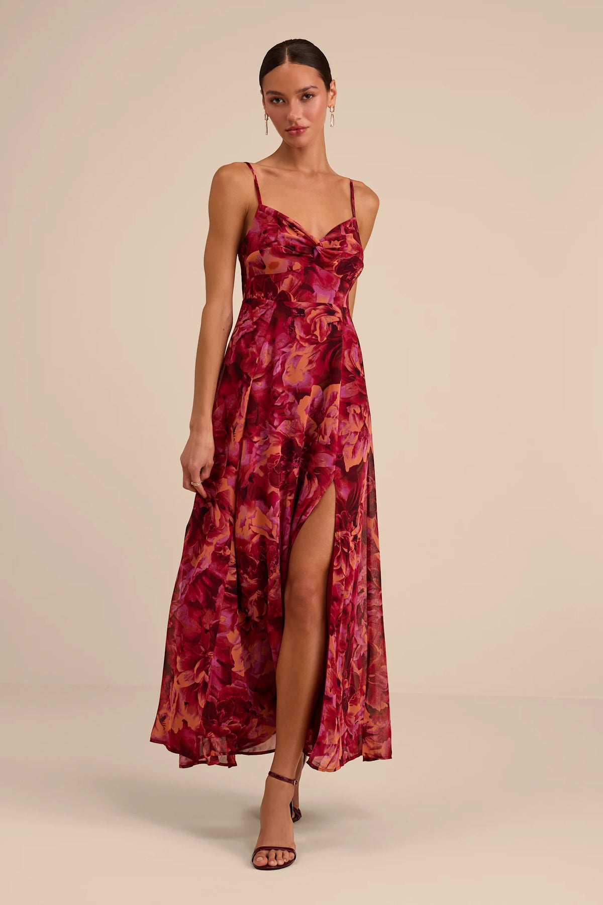 Lulus - Beautiful Soul Burgundy Floral Print Twist-Front Maxi Dress - Large