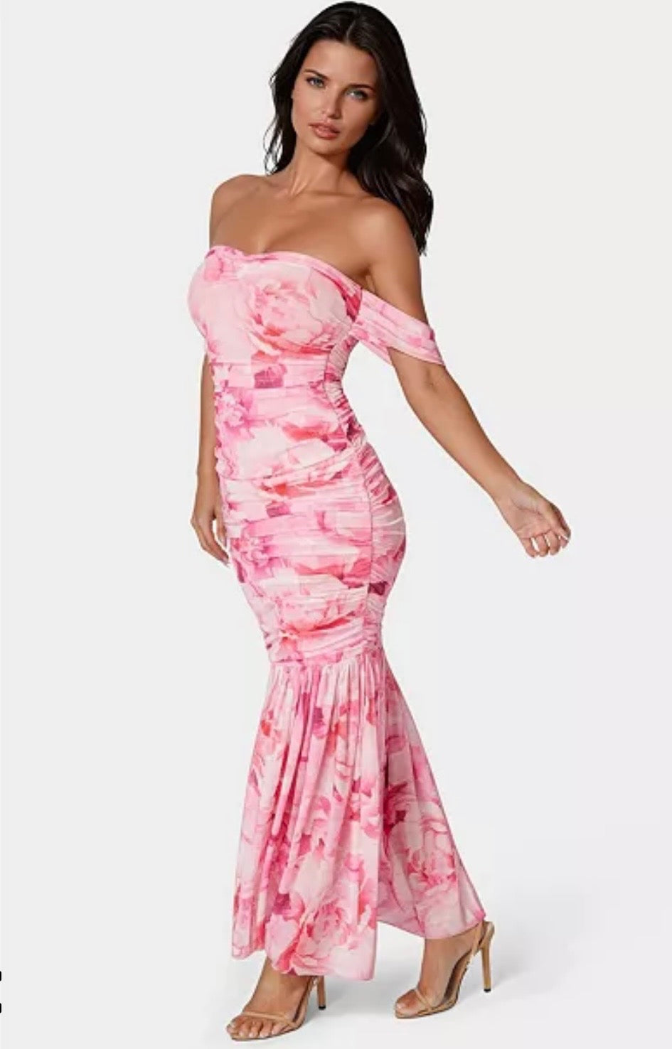 Bebe - Women's Off Shoulder Ruched Mesh Gown - XS