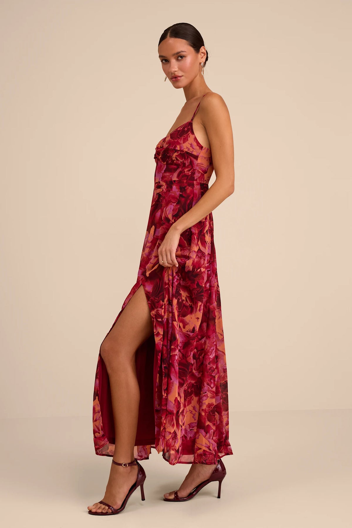 Lulus - Beautiful Soul Burgundy Floral Print Twist-Front Maxi Dress - Large
