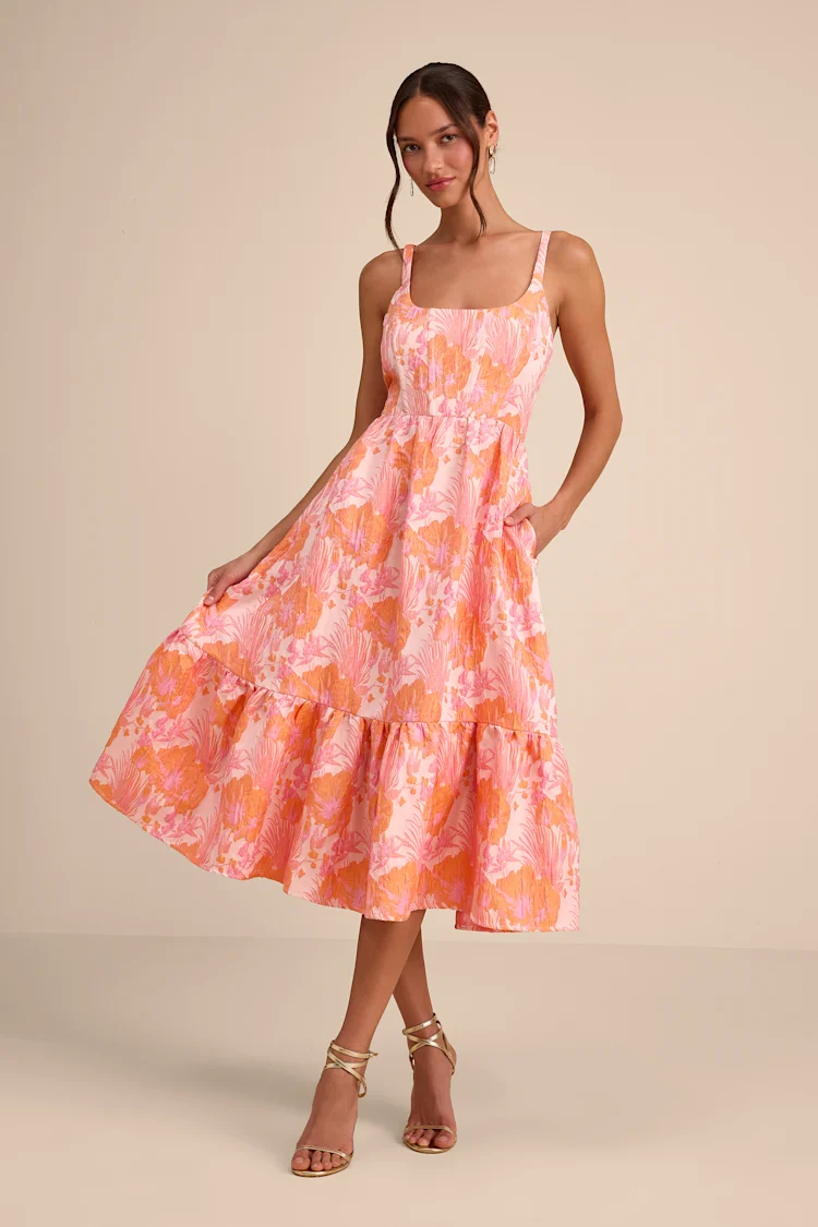 Lulus - Avalie Pink Floral Jacquard Tiered Bustier Midi Dress - XL