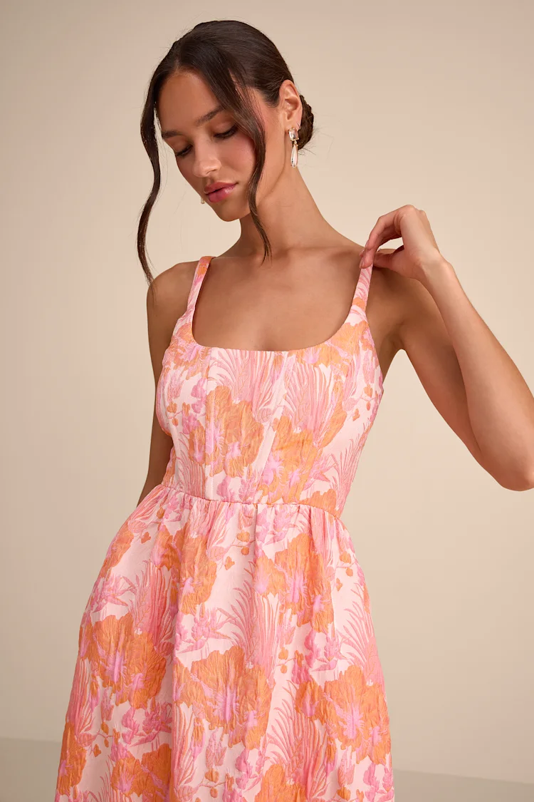 Lulus - Avalie Pink Floral Jacquard Tiered Bustier Midi Dress - XL