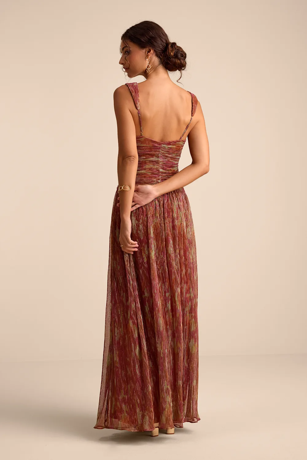 Evaluna Rust Abstract Print Lurex Pleated Maxi Dress - XS