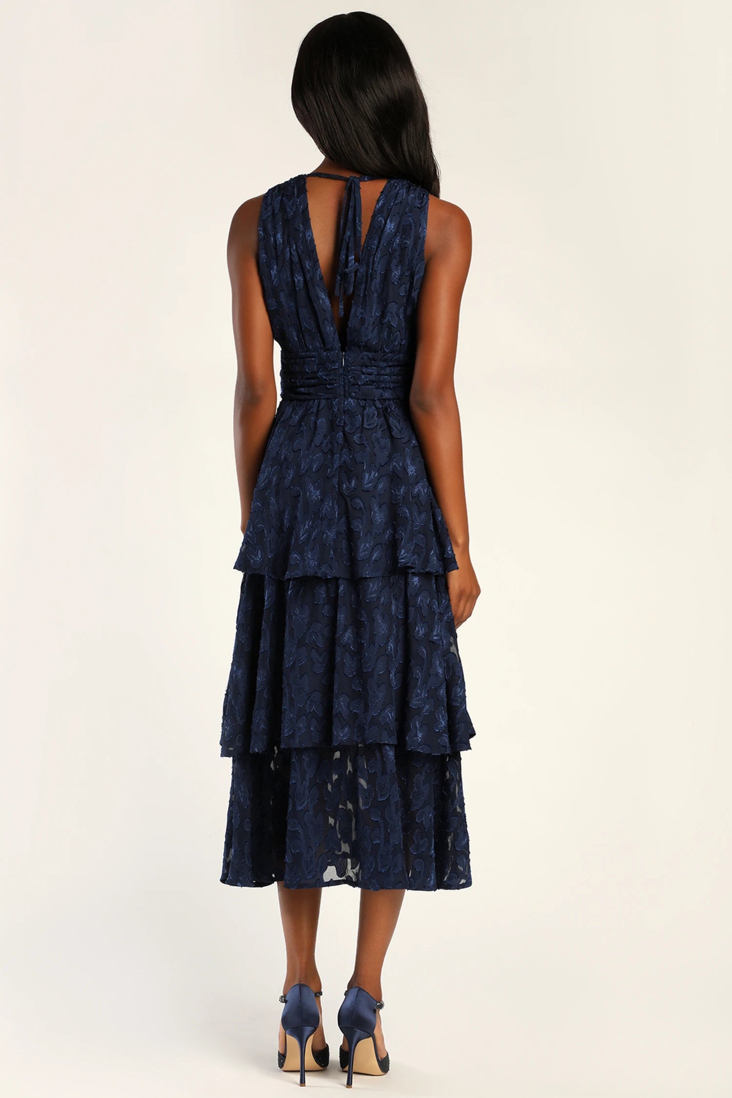 Lulus - Make It Mesmerizing Navy Blue Jacquard Tiered Midi Dress - XL