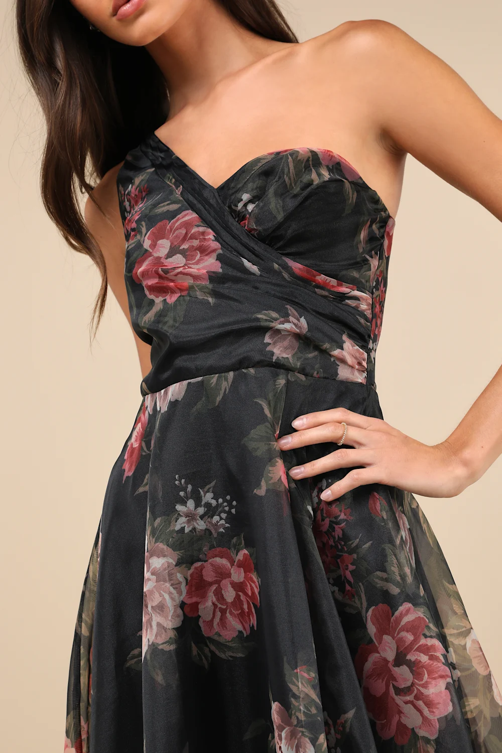 Lulus - Truly Extraordinary Black Floral Organza One-Shoulder
Maxi Dress - Small