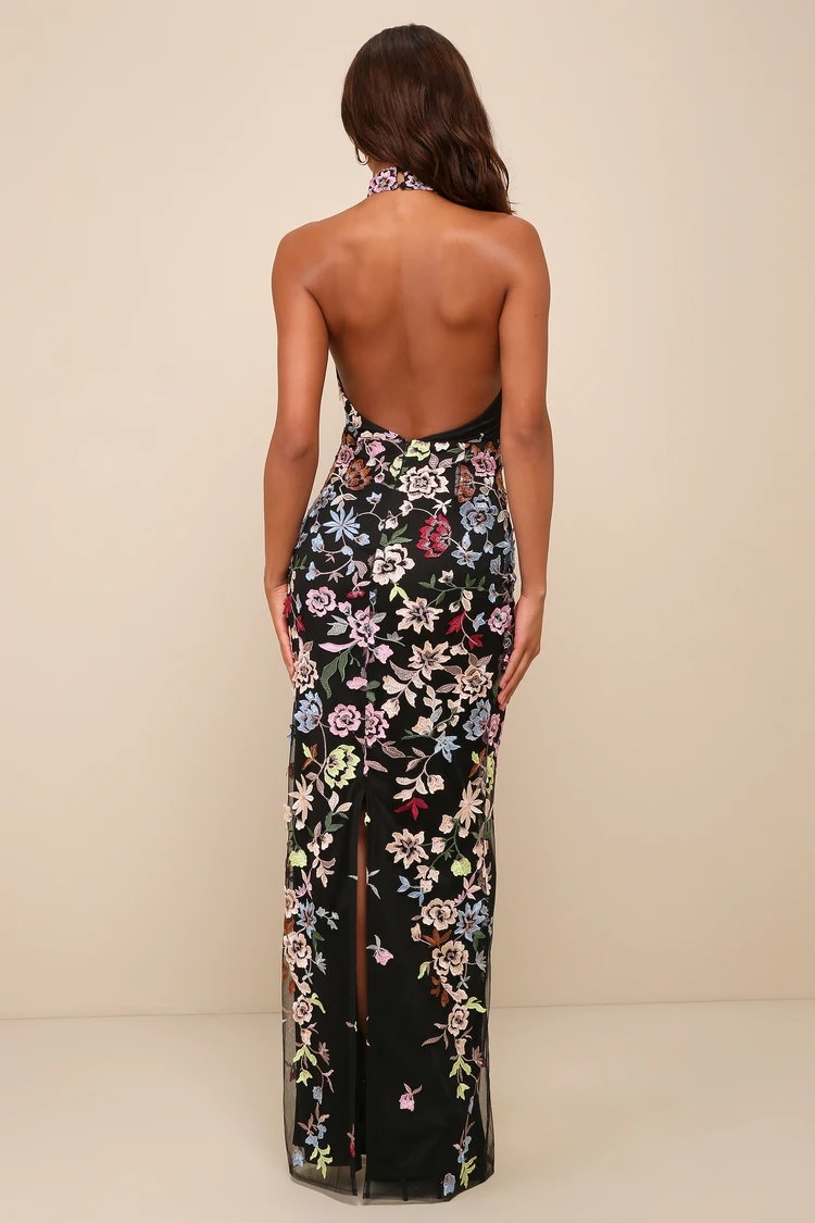 Lulus - Infinite Praise Black 3D Floral Embroidered Halter Maxi Dress - Small