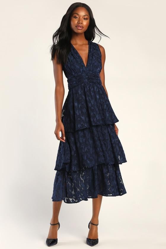 Lulus - Make It Mesmerizing Navy Blue Jacquard Tiered Midi Dress - XL