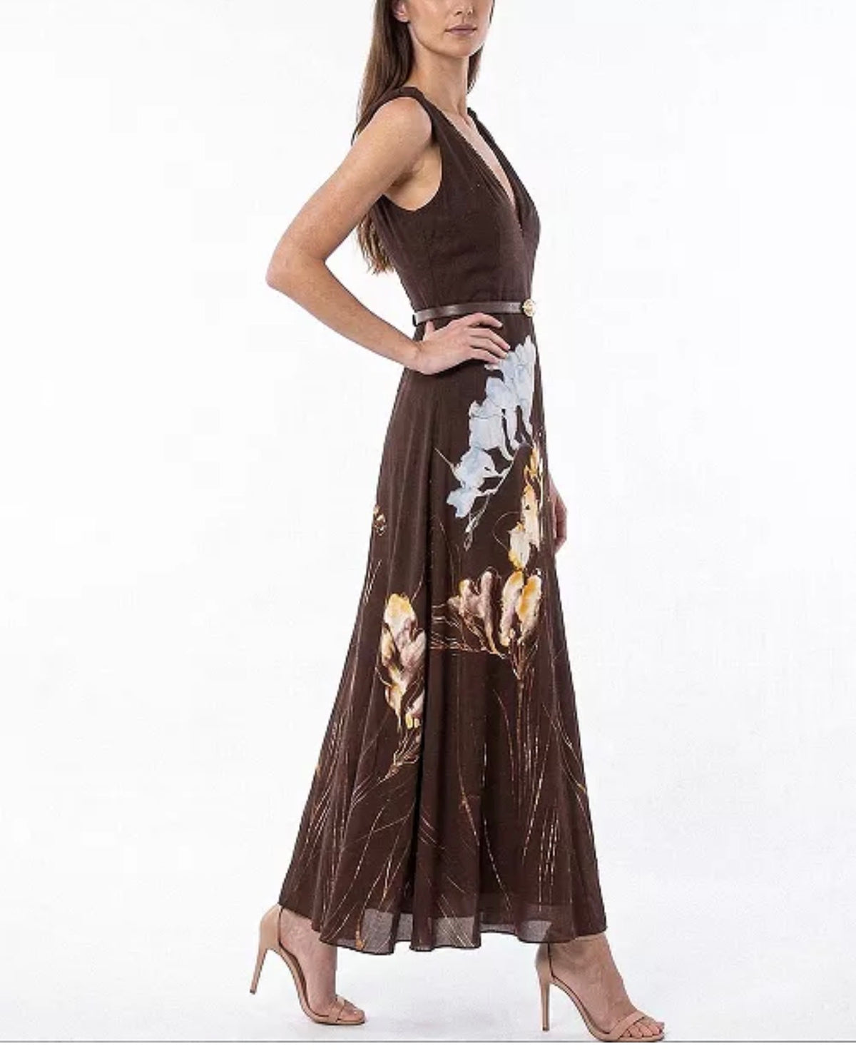 Taylor - Women's Floral Belted V-Neck Sleeveless Dress - Medium