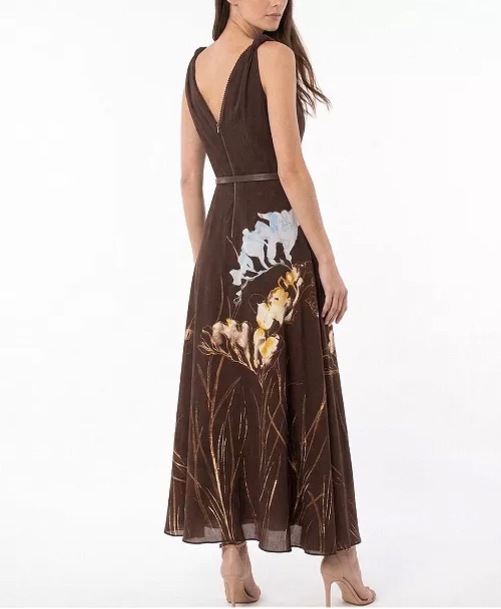 Taylor - Women's Floral Belted V-Neck Sleeveless Dress - Medium