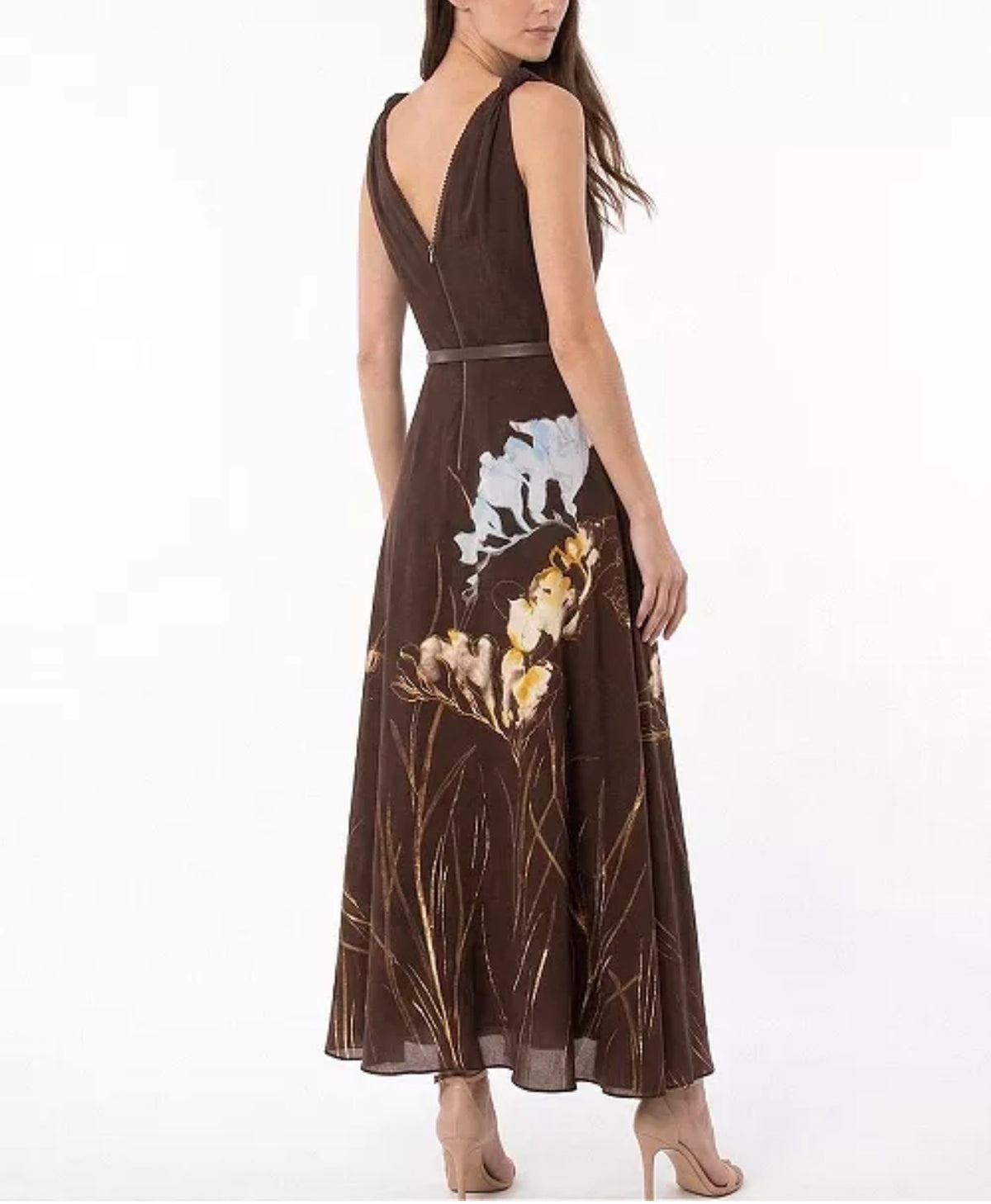 Taylor - Women's Floral Belted V-Neck Sleeveless Dress - Medium