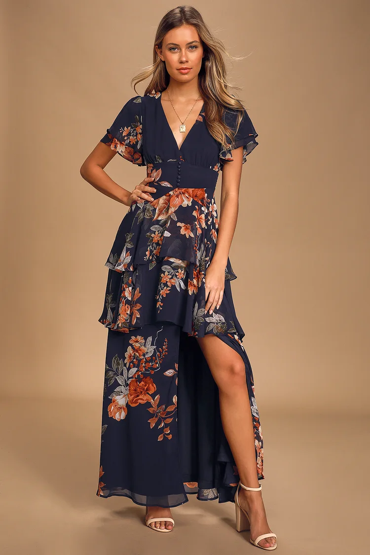 Lulus - Midnight Mood Navy Blue Floral Print Tiered Maxi Dress - Medium