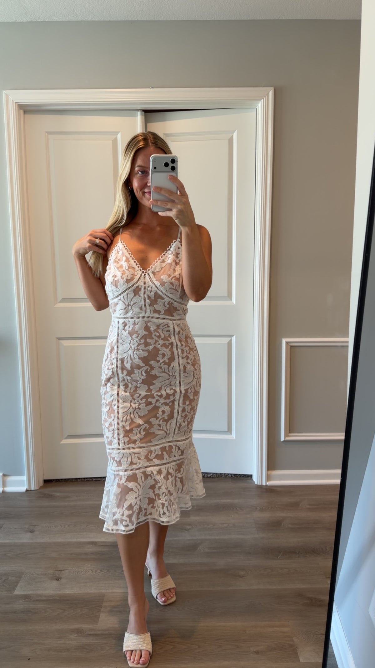 Lulus - Alluring Love White and Beige Lace Trumpet Hem Midi Dress - Medium