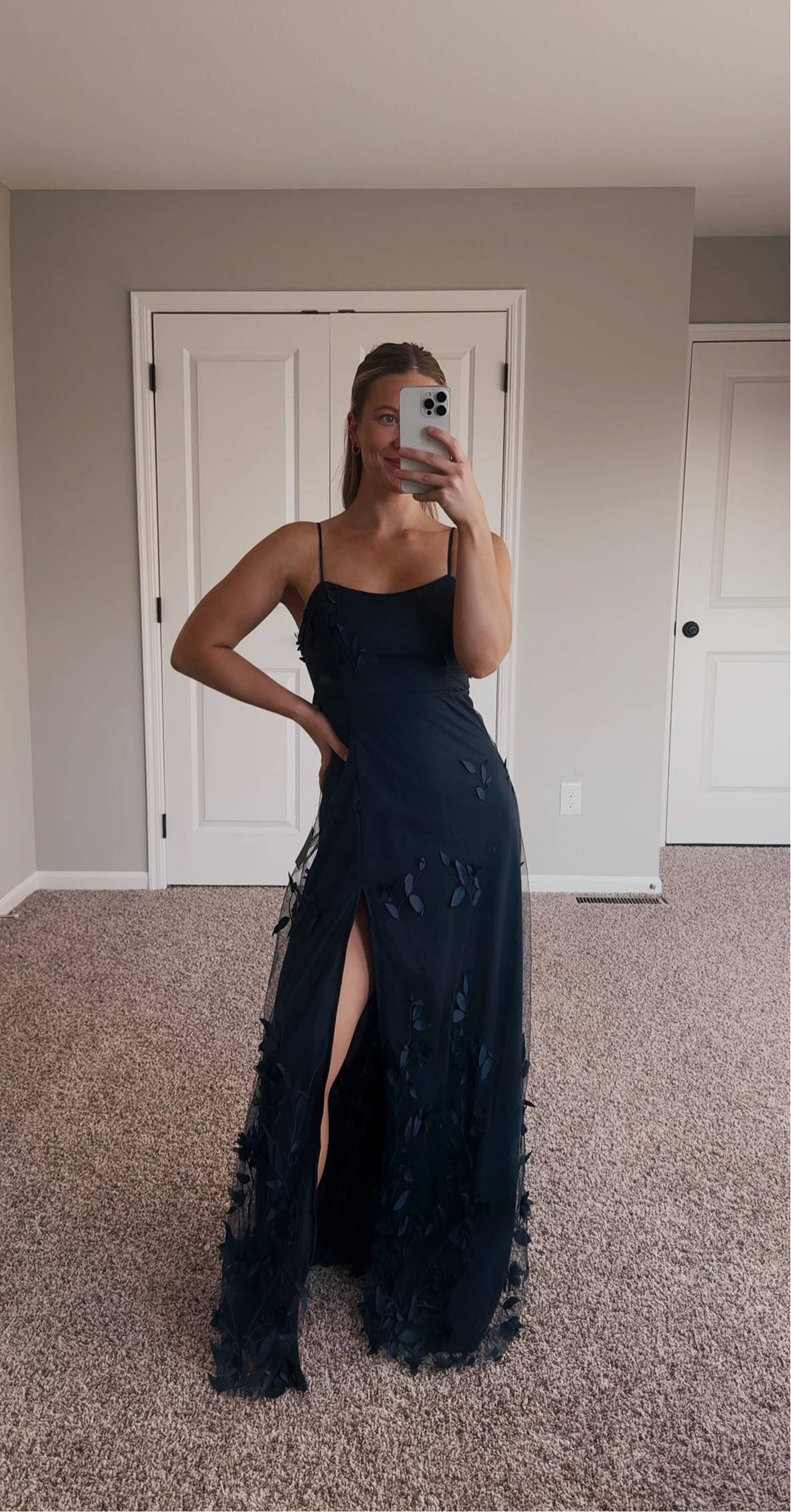 Lulus - Abundant Charm Navy Blue 3D Floral Applique Maxi Dress - Small