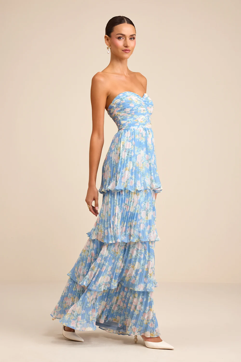 Lulus - Seriously Sensational Blue Floral Strapless Tiered Maxi Dress - Small