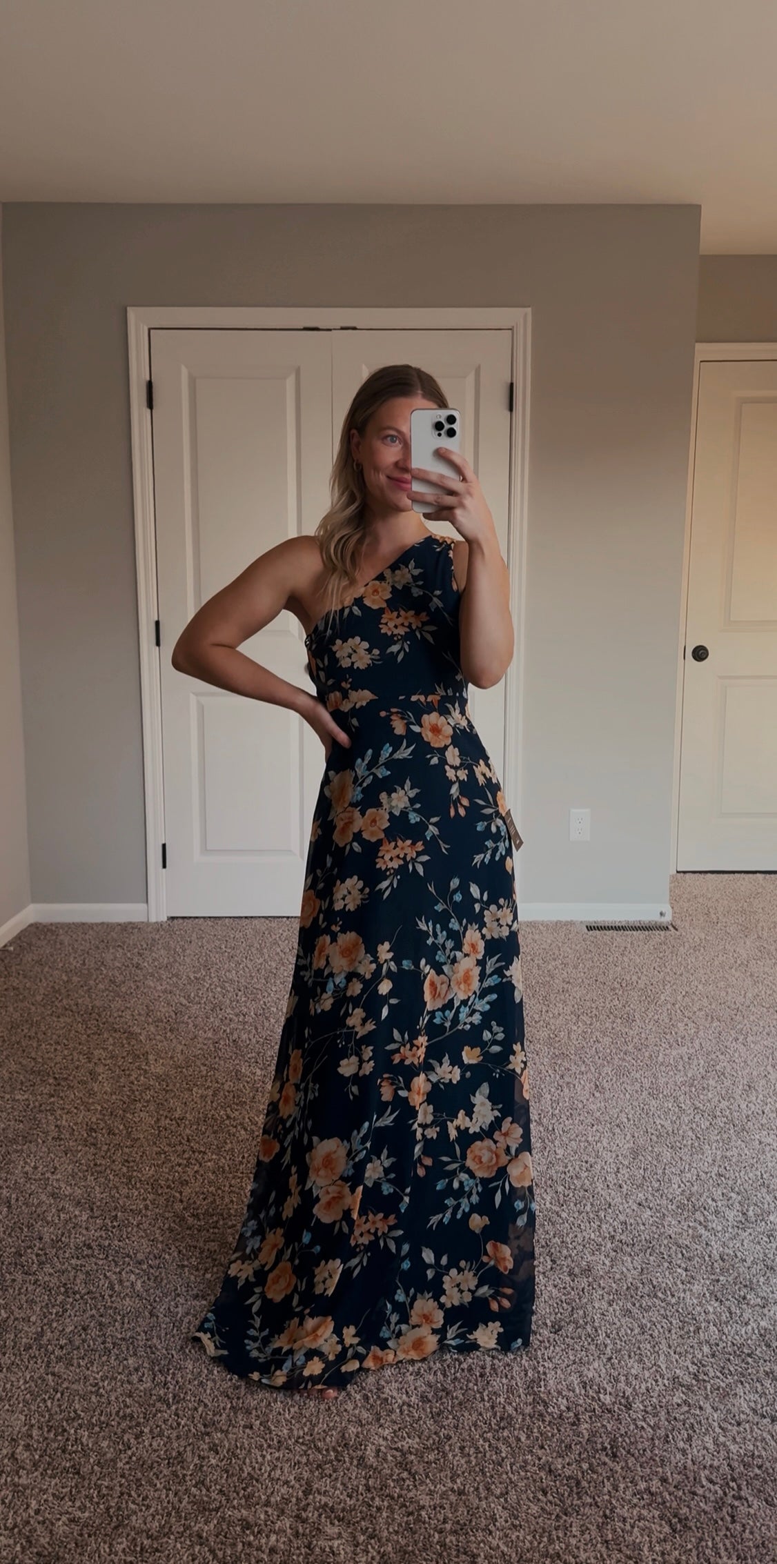Lulus - Elegant Admiration Navy Blue Floral One-Shoulder Maxi Dress - XS