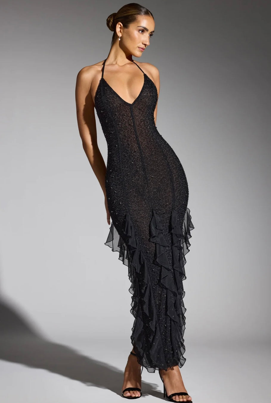 Oh Polly - Embellished Halter Neck Ruffle Maxi Dress - Small