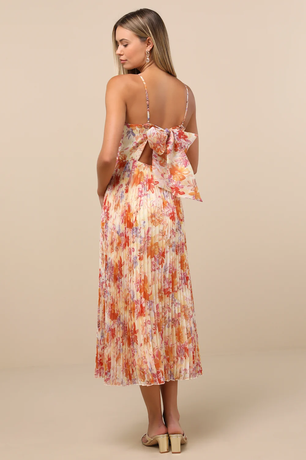 Lulus - Alondra Light Yellow Multi Floral Pleated Midi Dress - Large