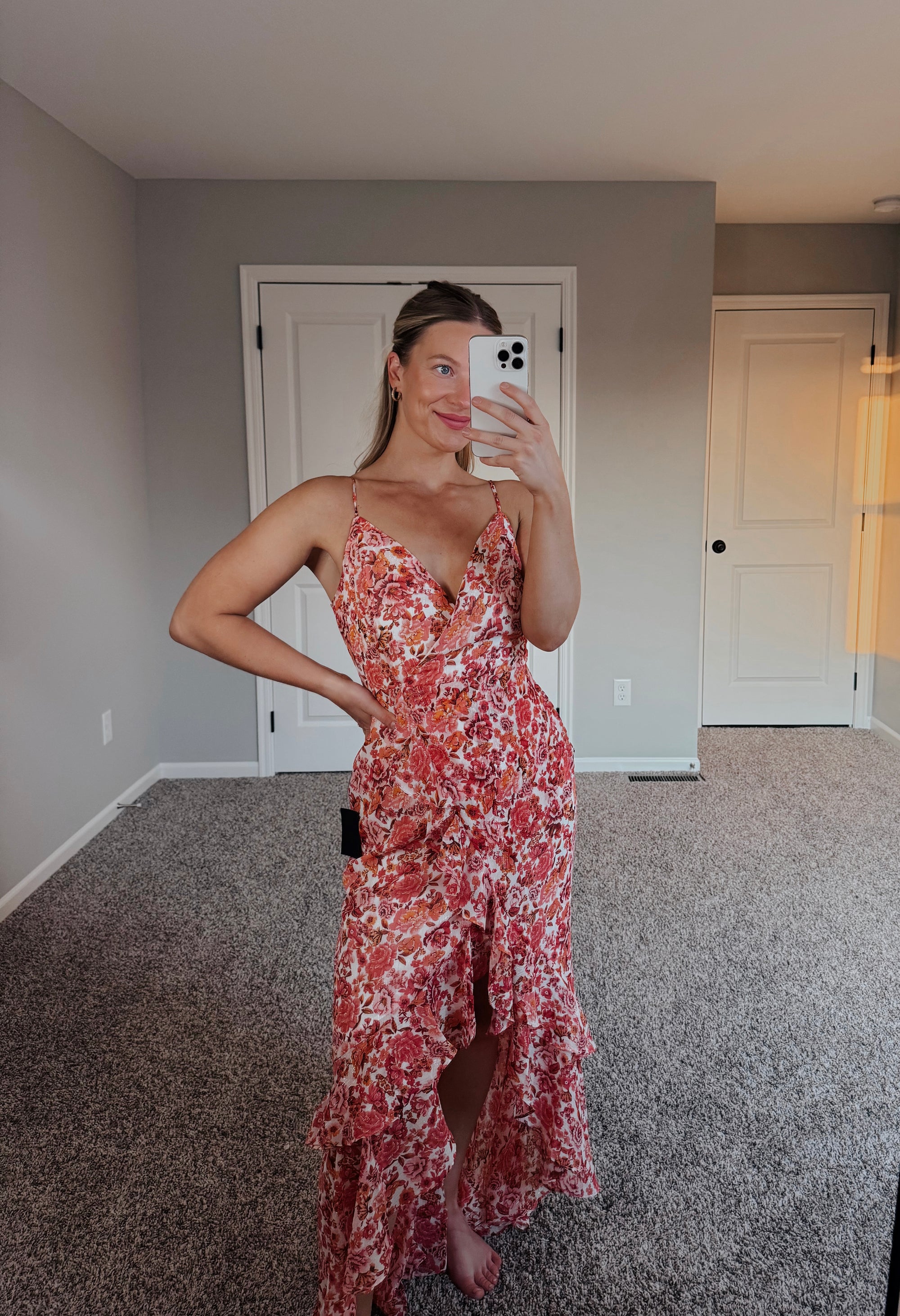 Lulus - Always Enchanting Pink Floral Metallic Ruffled High-Low Dress - Small