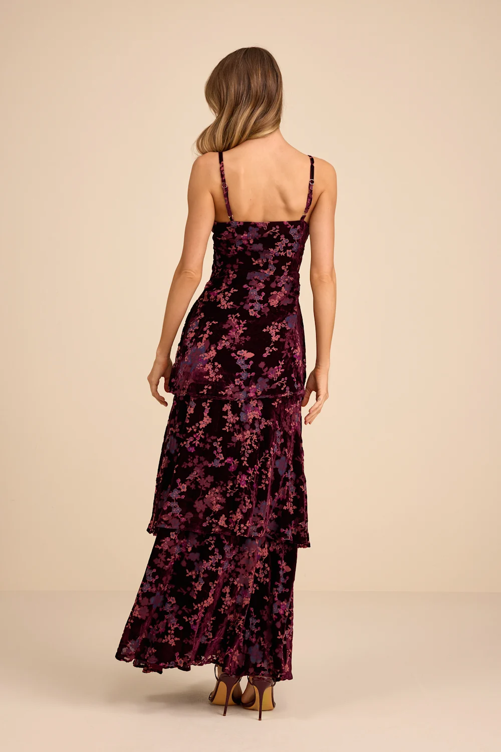 I Love You Amore Plum Purple Floral Velvet Tiered Maxi Dress - Small