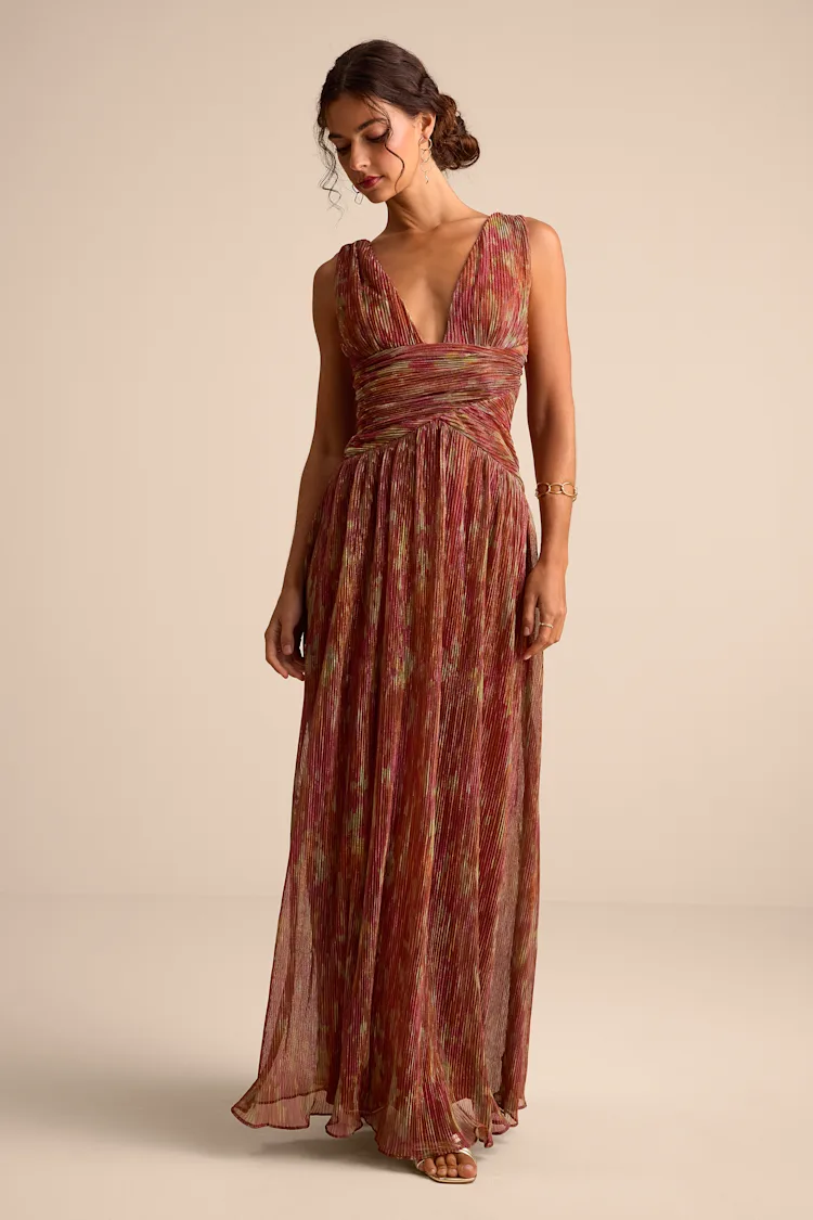 Evaluna Rust Abstract Print Lurex Pleated Maxi Dress - XS