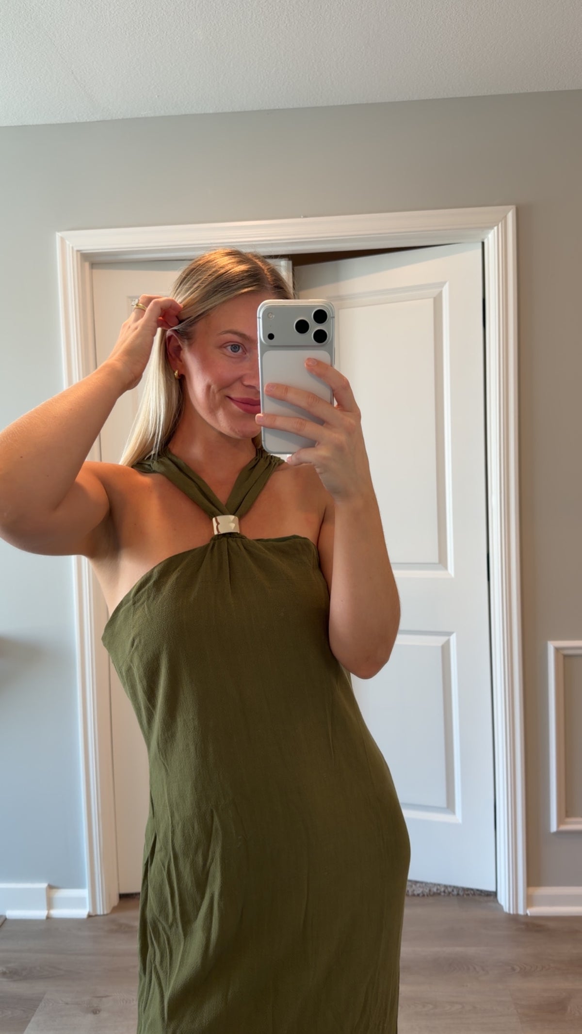 Lulus - Calessia Olive Green Linen Halter Neck Midi Dress - Large
