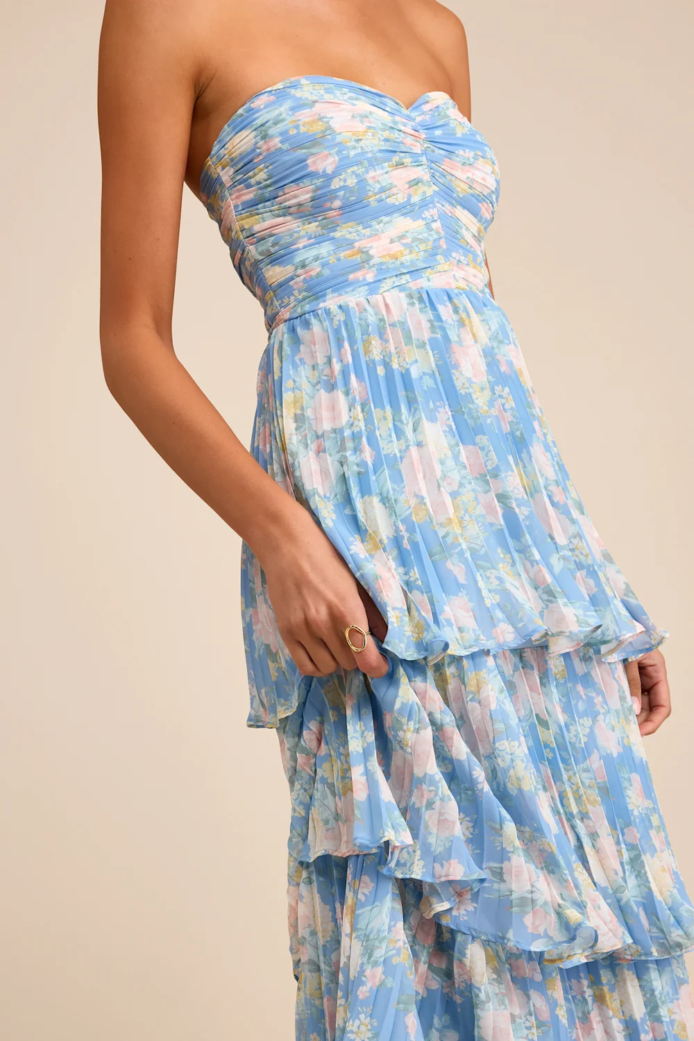 Lulus - Seriously Sensational Blue Floral Strapless Tiered Maxi Dress - Small