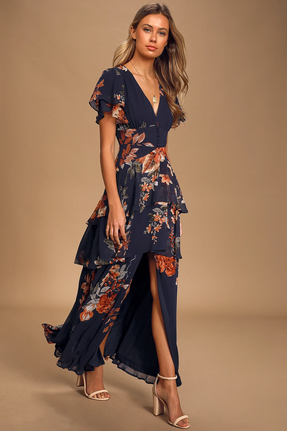 Lulus - Midnight Mood Navy Blue Floral Print Tiered Maxi Dress - Medium